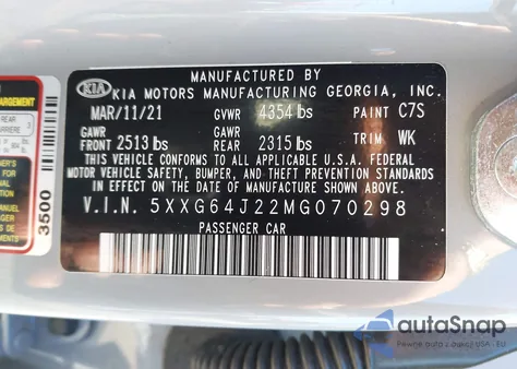 2021 Kia K5 Gt-Line z USA, uszkodzony, nr VIN 5XXG64J22MG070298